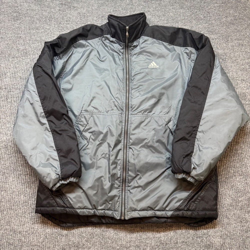 Vintage Adidas 90s Insulated Puffer Jacket Large Gray‎ Black Full Zip Coat